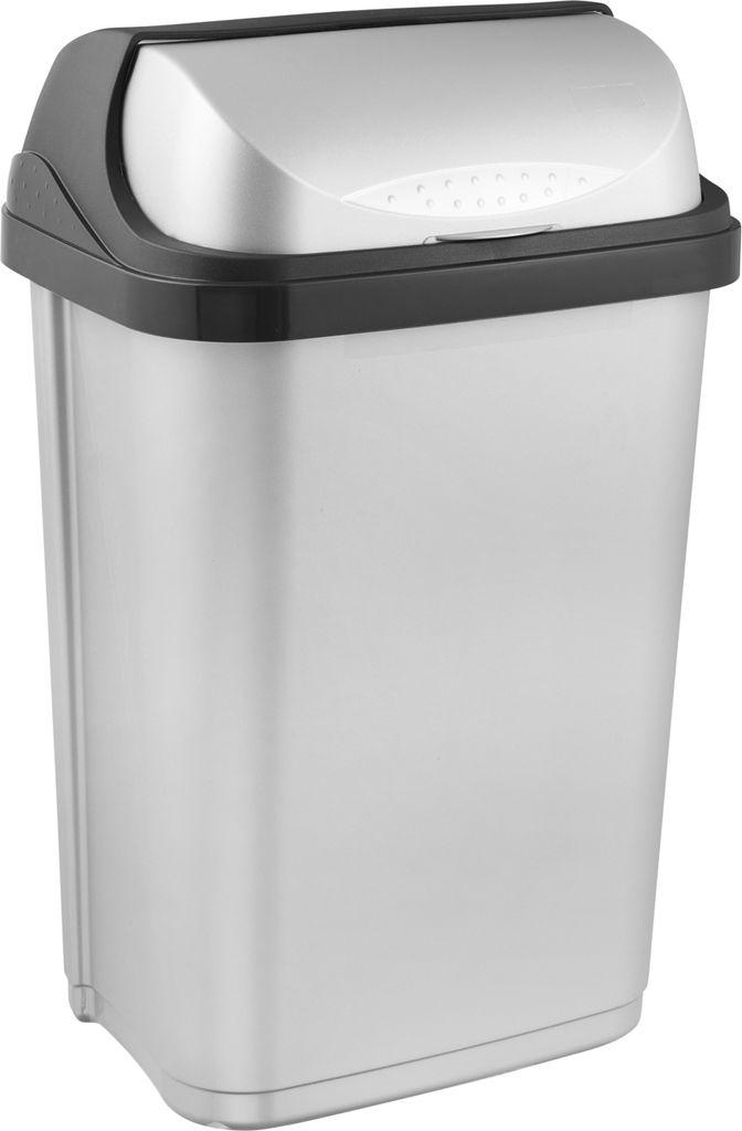 A silver and black roll-top trash can is shown against a white background.