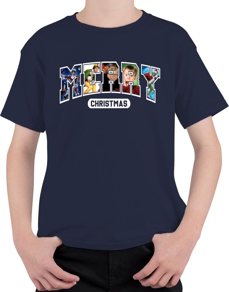 Merry Christmas Weihnachtsfilm Home Alone Elf Grinch Retro Uni Kinder T-Shirt, Navy, 140