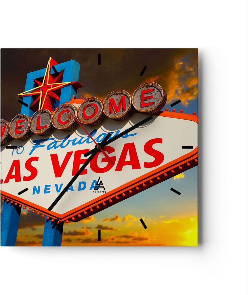 Wanduhr - Quadrat - Glasuhr - Amerika bestimmungsort las vegas - 30x30cm - Schleichendes Uhrwerk - Lautlos - zum Aufhängen bereit - Dekoration Mod...