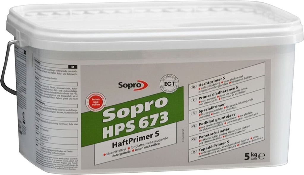 A white plastic bucket containing SOPRO HaftPrimer S HPS 673.