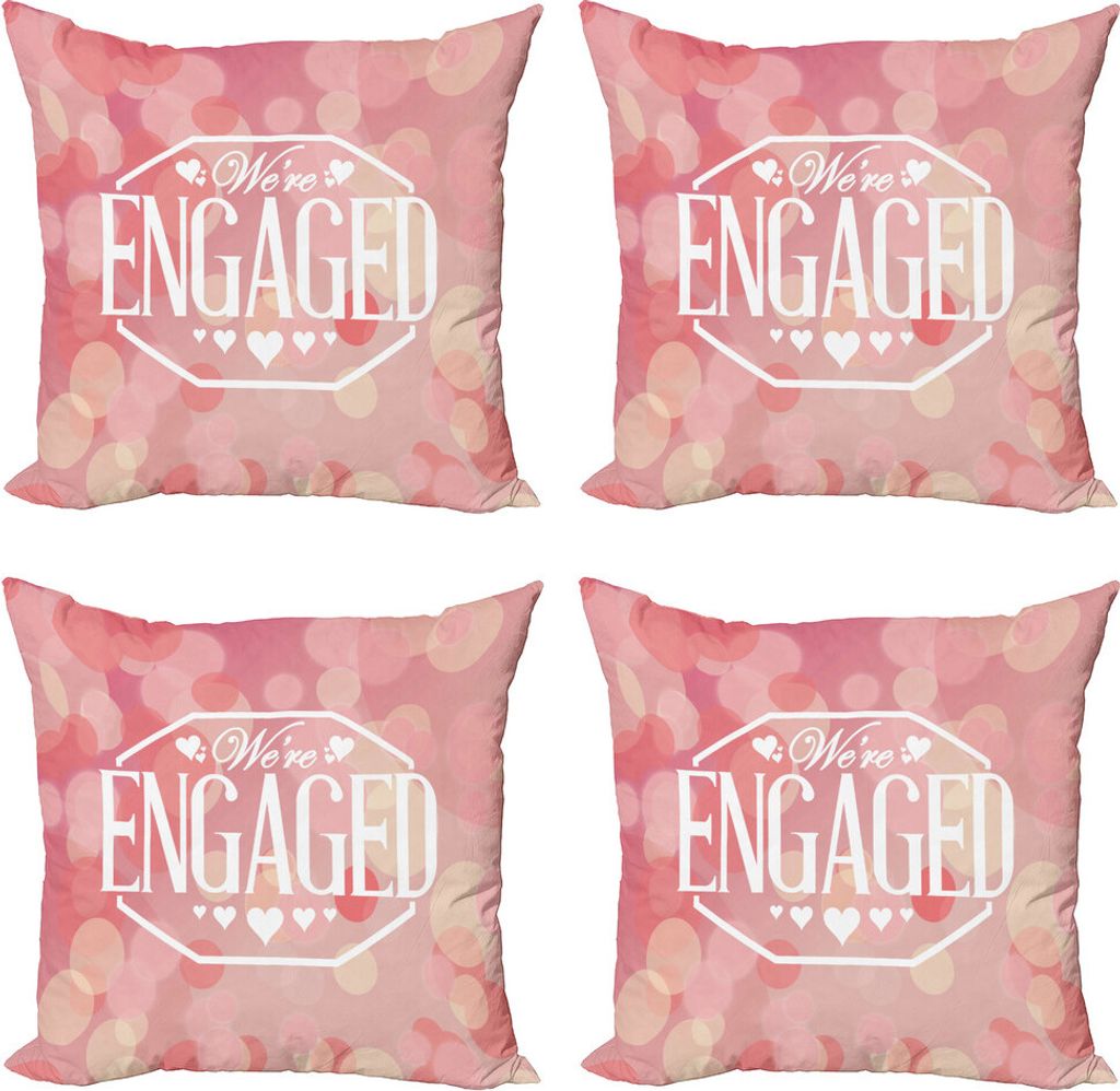 ABAKUHAUS Verlobungsfeier Kissenbezug Set (4 Stück), Verpflichtungs-Karte, Moderner Doppelseitiger Digitaldruck, 45 cm x 45 cm, Lachsrosa und Weiß