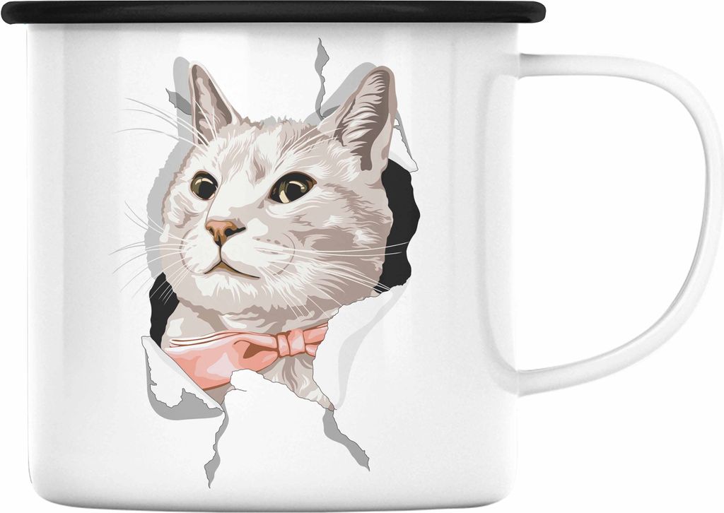 Trendation - Lustige Katzen Emaille Tasse Geschenk Katzenbesitzerin 3D Katzengrafik Geschenkidee (Schwarz)