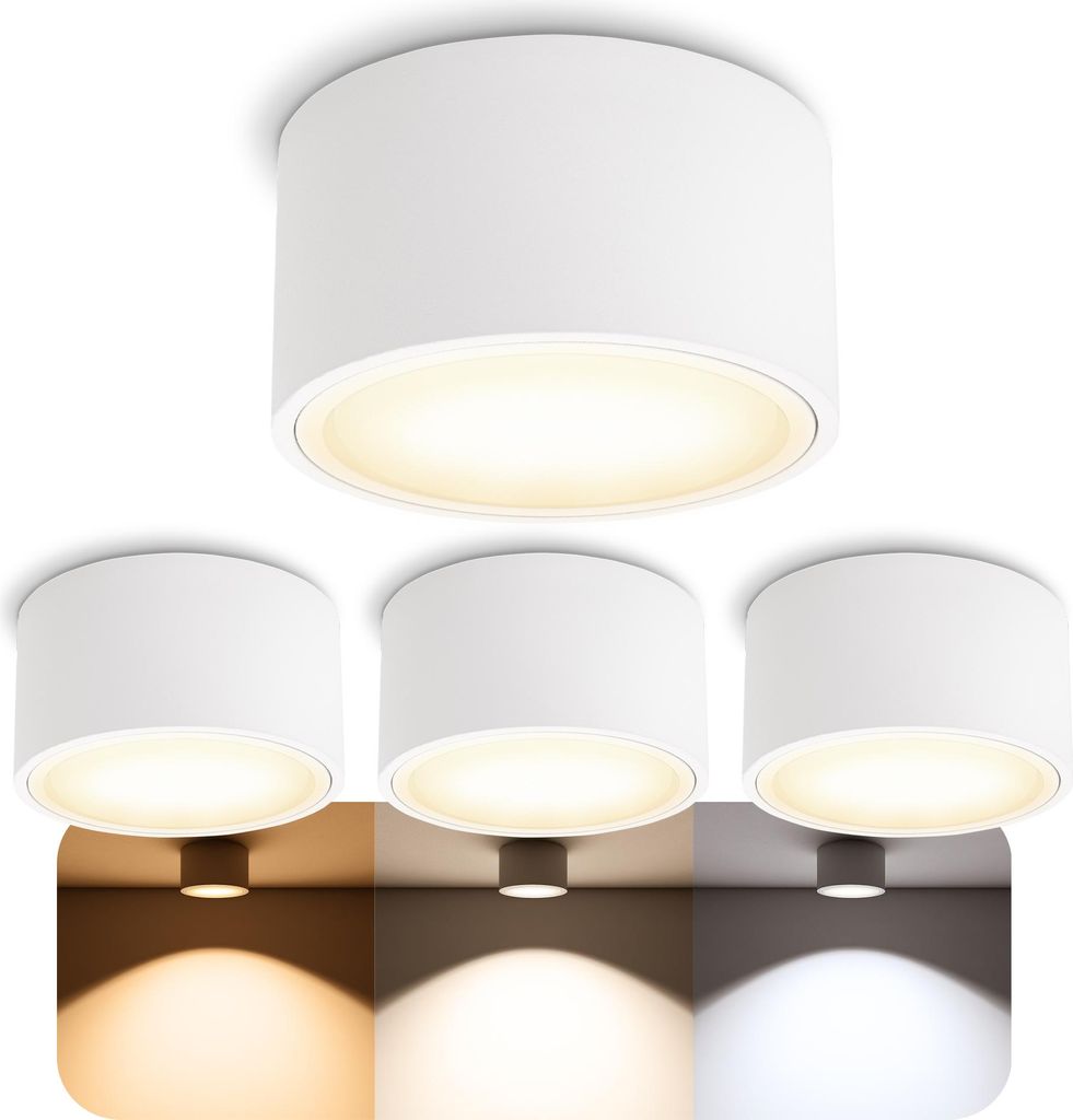 A collage showing a white LED ceiling light from different angles and with different light temperatures.