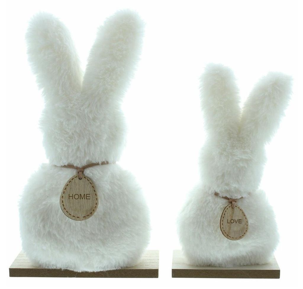 2 Stück Plüschhasenfiguren, weiße Osterhasen auf Holzsockel, für Frühlingspartys, Zuhause, Büro oder Tischdekoration