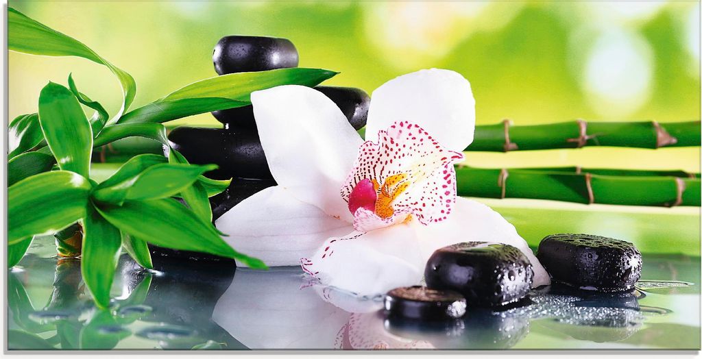 ARTland Glasbild Spa Steine Bambus Zweige Orchidee Größe: 100x50 cm