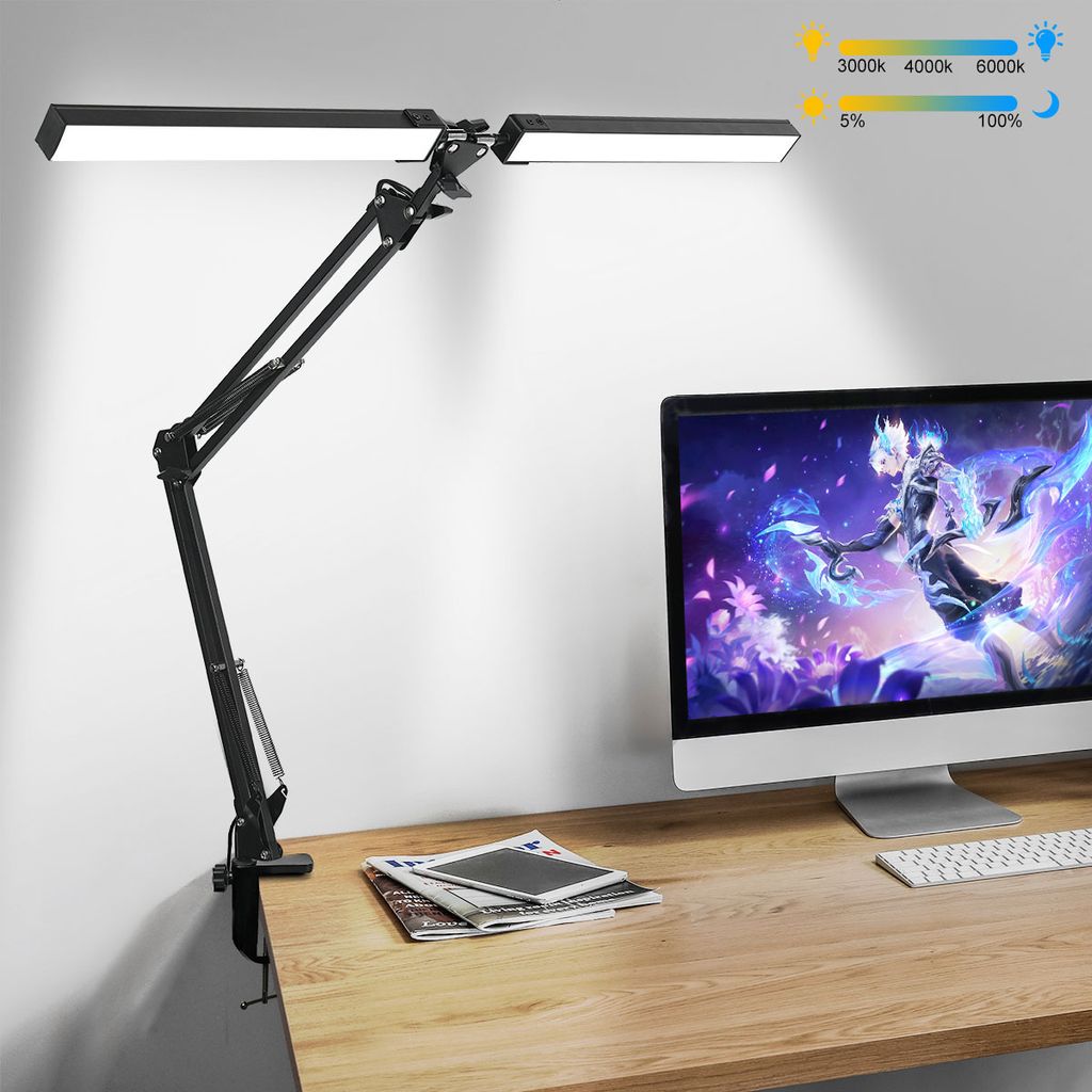 7MAGIC Klemmleuchten LED Schreibtischlampe, Tageslichtlampe Dimmbare, Doppelkopf Klemmbar, Kaltweiß, Warmweiß, Tageslicht, mit 5 Farbtemperatur, 10 Helligkeitsstufen, 95+ CRI