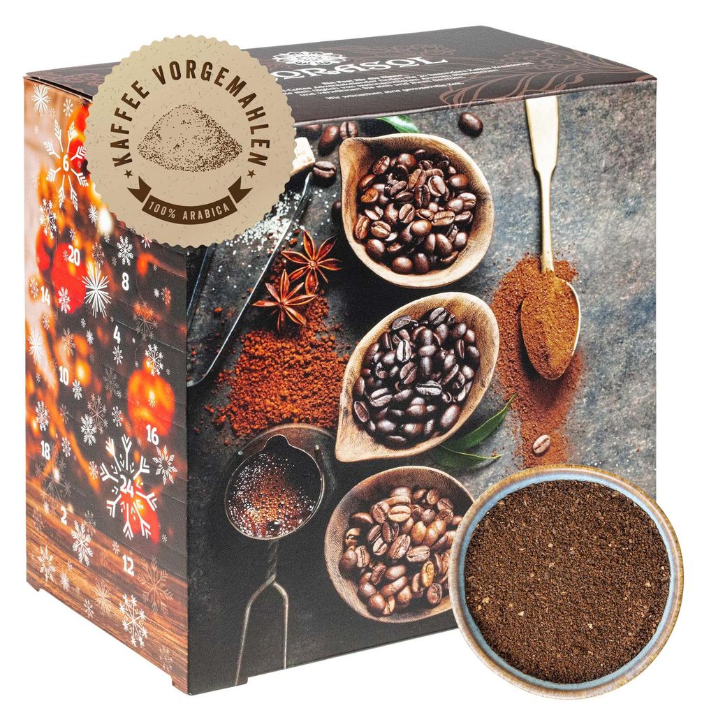 Corasol Premium Flavoured Coffee Kaffee-Adventskalender mit 24 aromatisierten Kaffee-Kreationen, gemahlen für Genießer (240 g)