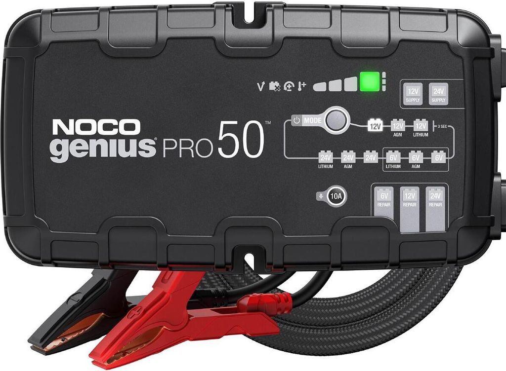 Noco GENIUSPRO50 EU Batterie-Ladegerät 6V/12V/24V Blei- und Lithium-Akkus mit Krokodilklemmen und Kabelschuhen