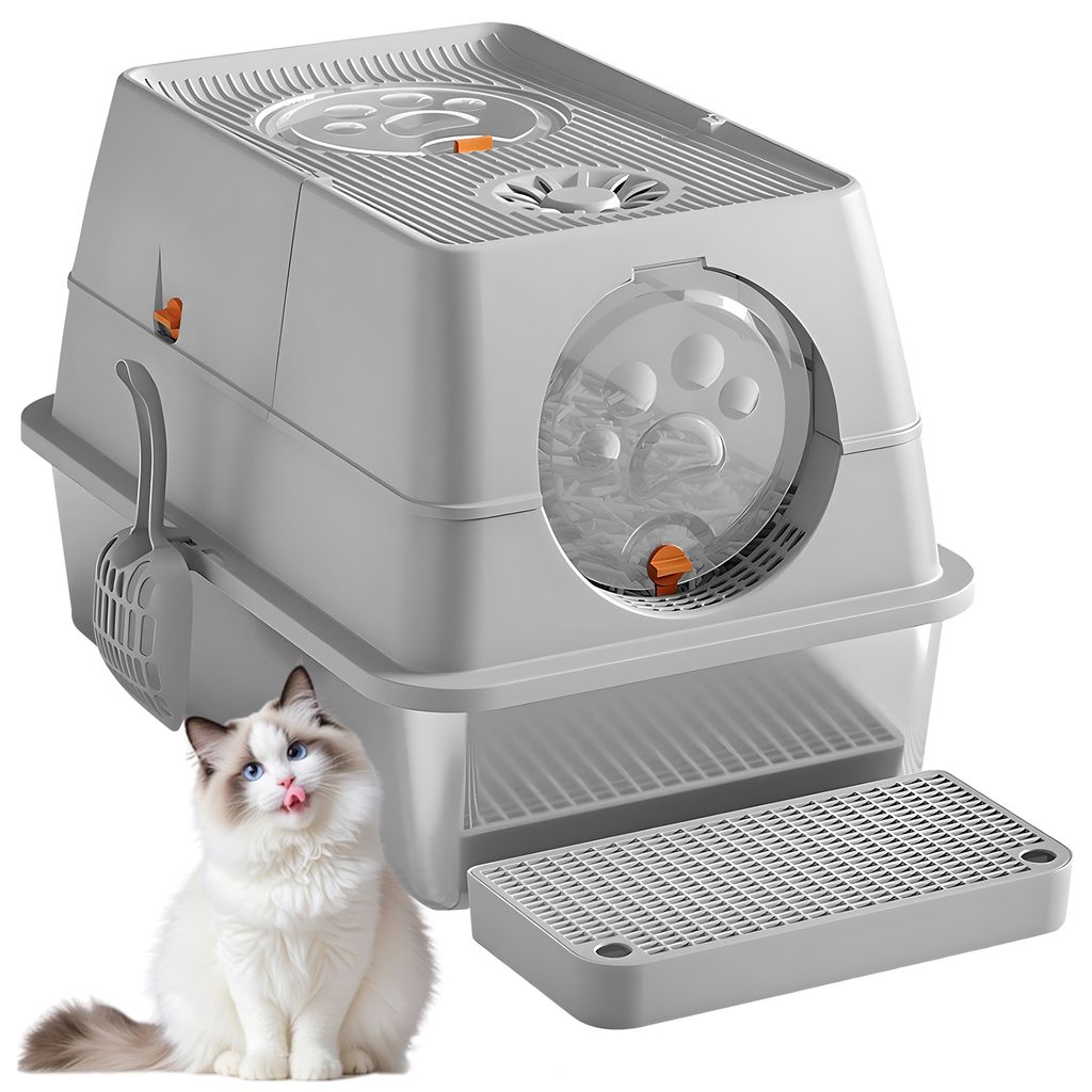 Vollständig geschlossenes Katzenklo aus Edelstahl mit Filter und Schublade hohe Qualität hellgrau