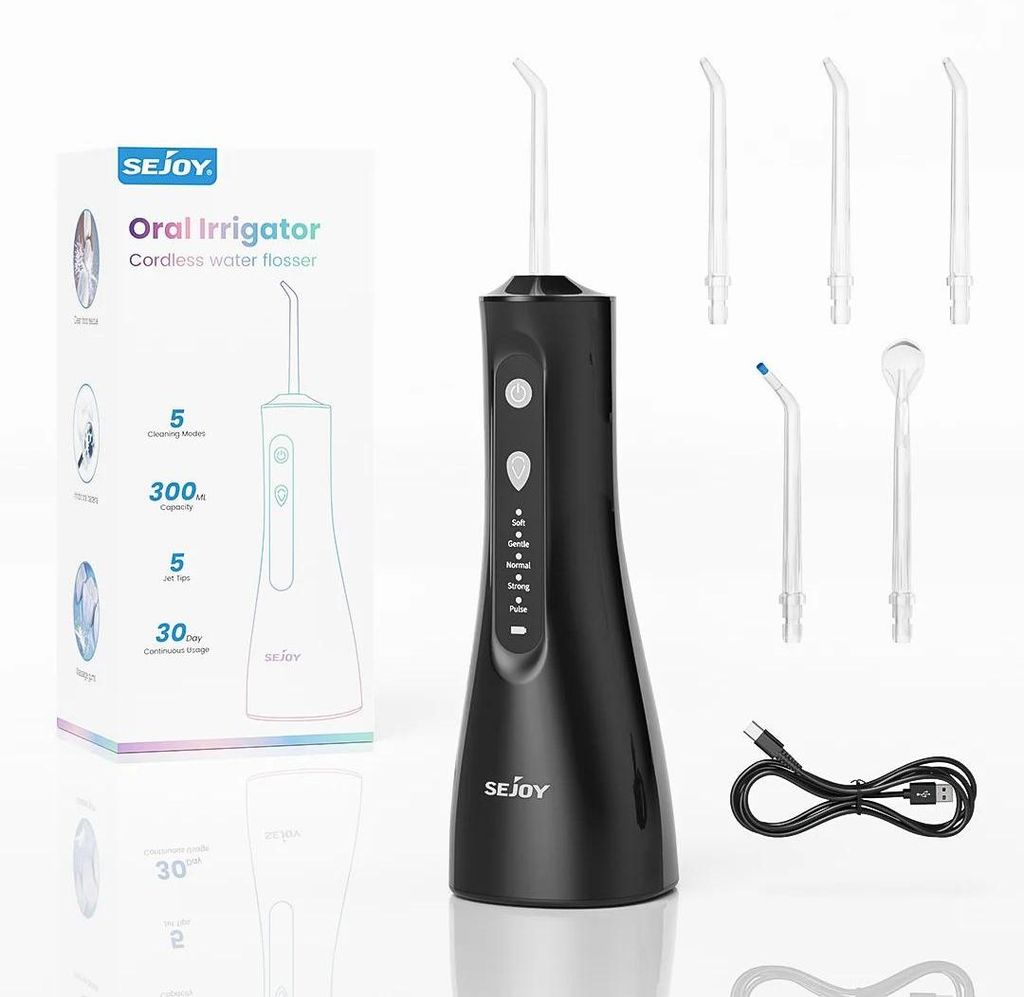 Elektrische Munddusche - Oral Irrigator - Tragbar - 1200 mAh Akku - 300 ml Wassertank - 4+ Modi - 5+ Aufsätze - Puls 1600–1999/min - Schwarz