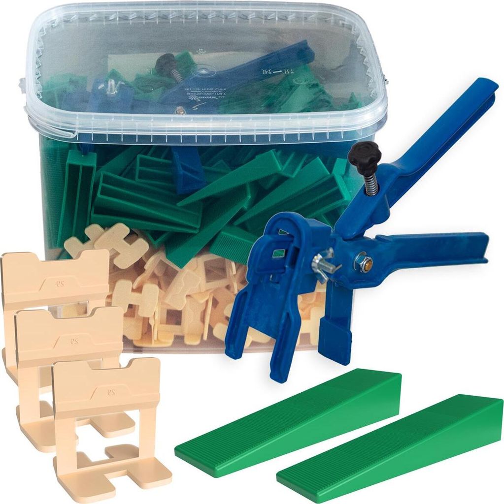 Kronen-Hansa Nivelliersystem für Fliesen (Verlegehilfe zum Fliesenlegen, Starter Set für 1 mm Fugenbreite, 100 Zuglaschen, 100 Keile, Zange, Flie...