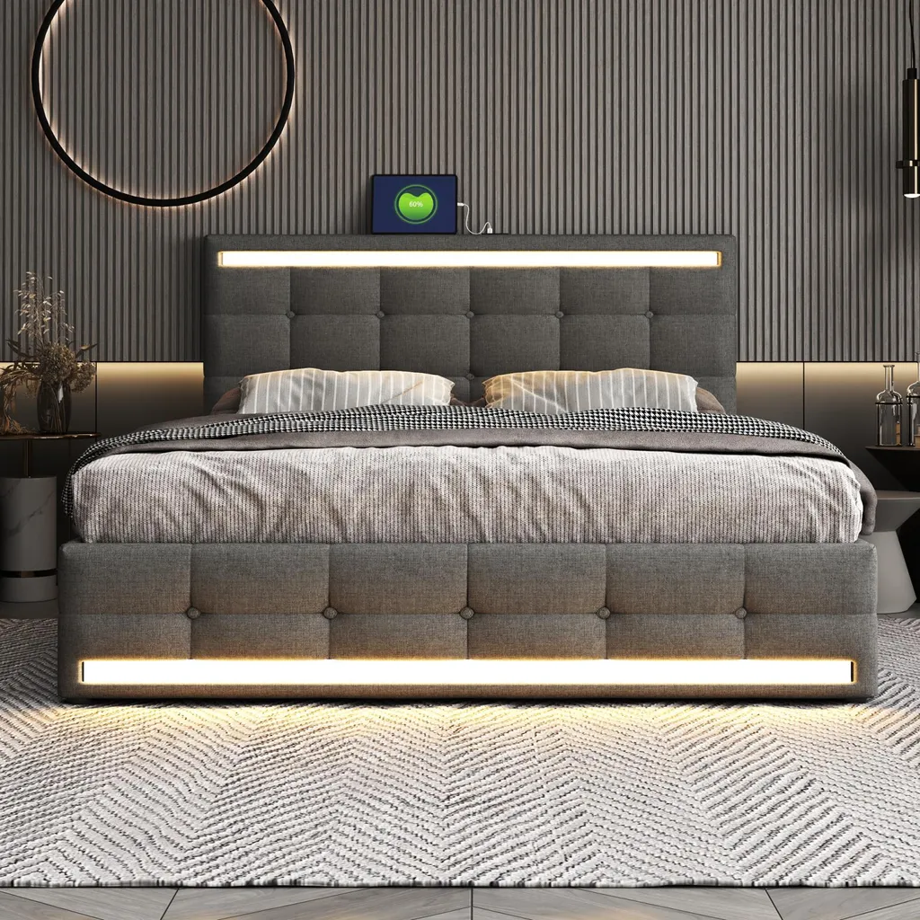 Lit coffre gris 140x200 idéal petit espace avec tiroirs et prises USB
