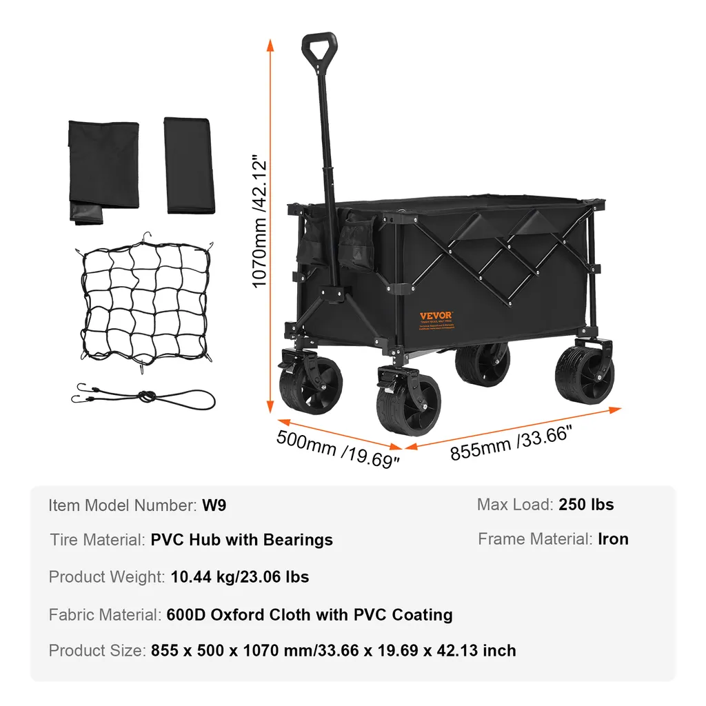 VEVOR carrello a mano 855 x 500 x 1070 mm Passeggino in tessuto Oxford 600D con rivestimento in PVC Carrello da spiaggia 113 L capacità di stoccaggio max. 113 kg capacità di carico Carrello da trasporto Carrello per attrezzature Carrello a mano - 7