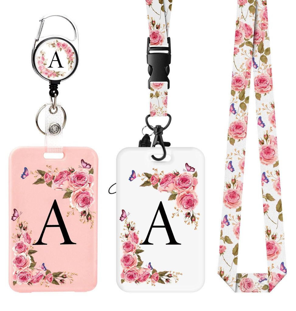 Set aus 2 Ausweishaltern mit AZ-Buchstaben, abnehmbarer Kordel und einziehbarem Clip, personalisierte Ausweishalter mit Ausweisclips. (A)