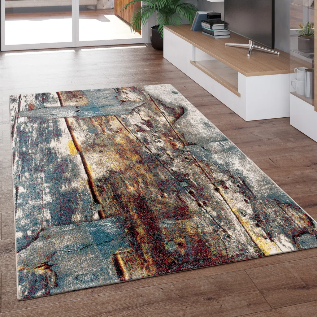 Tapis design aspect bois coloré turquoise jaune bleu chiné 160x230 cm