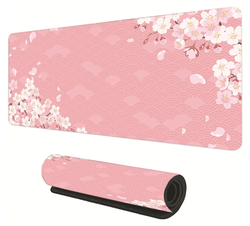 Tapis de souris Sakura rose antidérapant XXL 80x30 cm coutures soignées