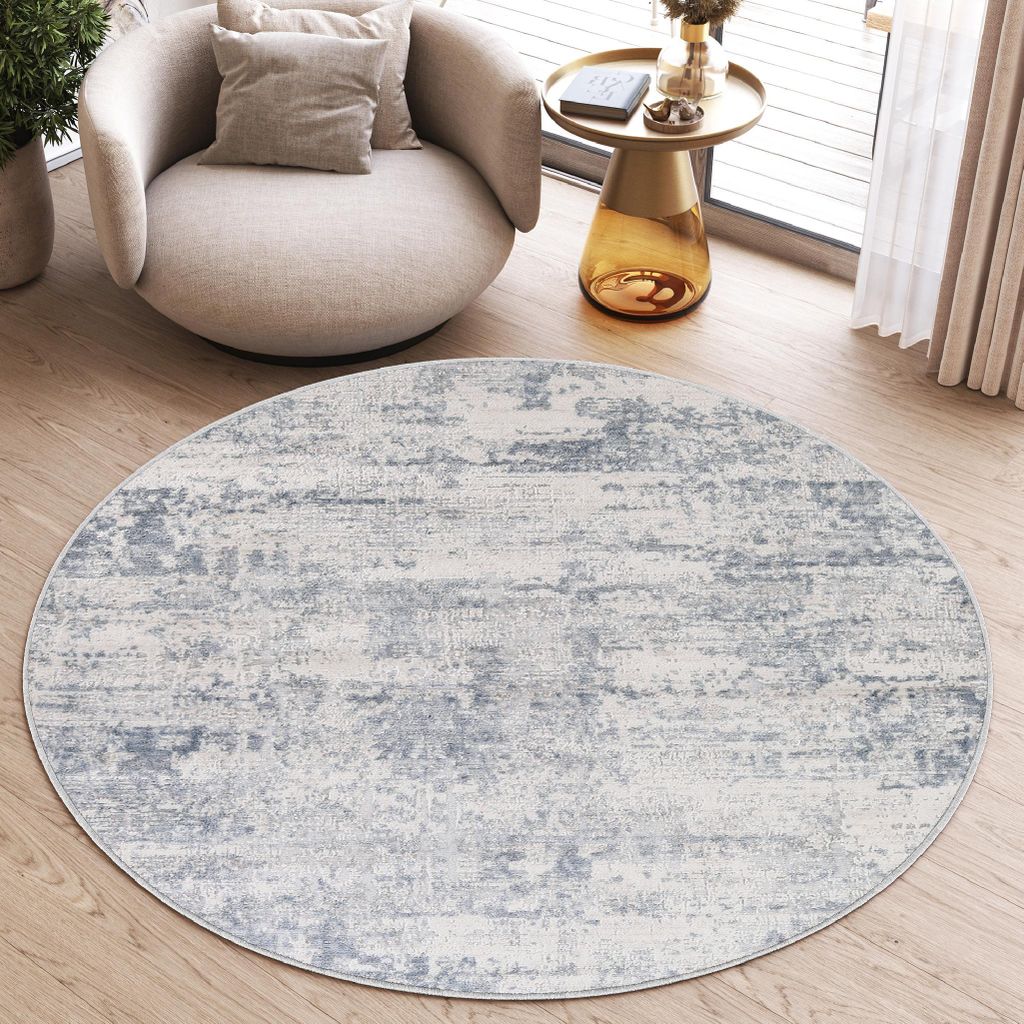 Tapiso Teppich SKY Rund Modern Grau Beige Blau Wohnzimmer 100 x 100 cm