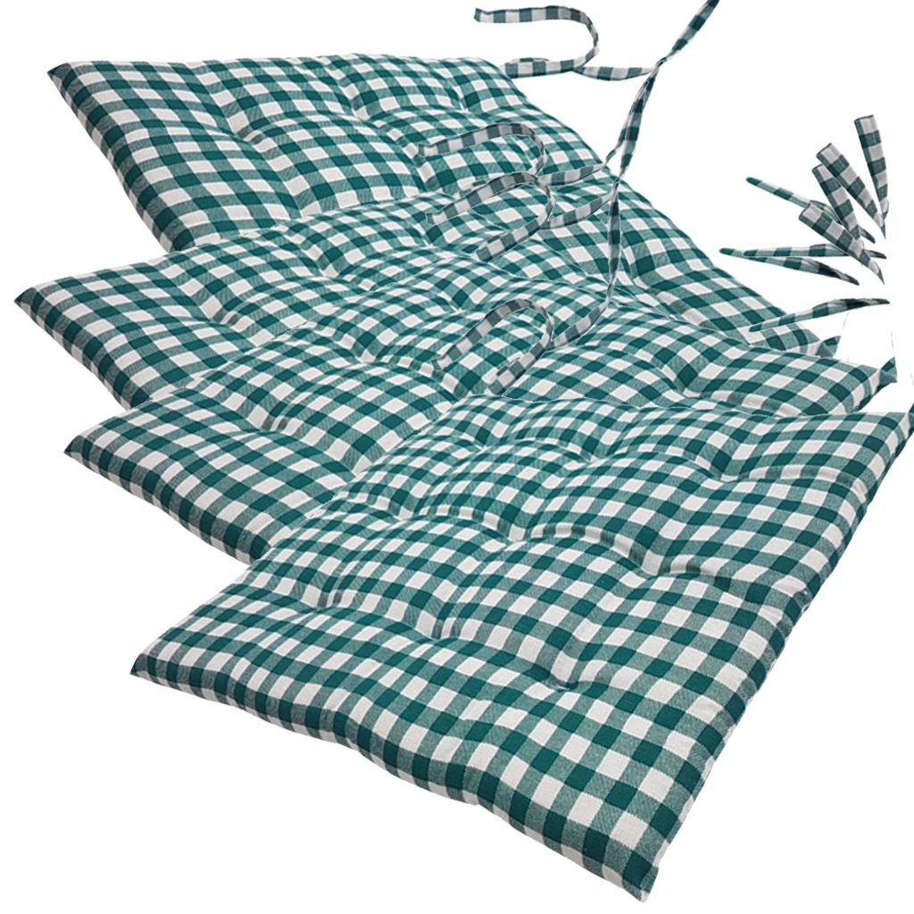 Stuhlkissen 40x40 cm ComfySeat - Sitzkissen mit Bändern / Schleife, 9-fache Steppung - Indoor & Outdoor, Farbe:Karo-Grün, Set:4er Set