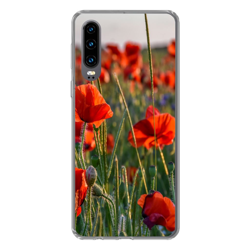 MuchoWow Handyhülle Schutzhülle Hülle für Huawei P30 Blumen - Mohnblumen - Natur - Rot Silikon Softcase Handy Hülle - Kartenbesitzer