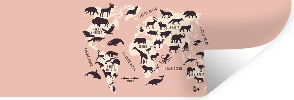 MuchoWow Wandtattoo Wandsticker Wandaufkleber Weltkarte - Tiere - Rosa 90x30 cm Selbstklebend und Repositionierbar - Selbstklebend - Fototapeten