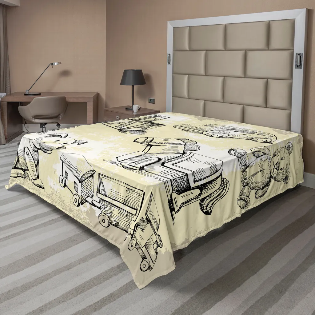 Drap plat vintage motif ours et train noir et beige 244 x 205 cm