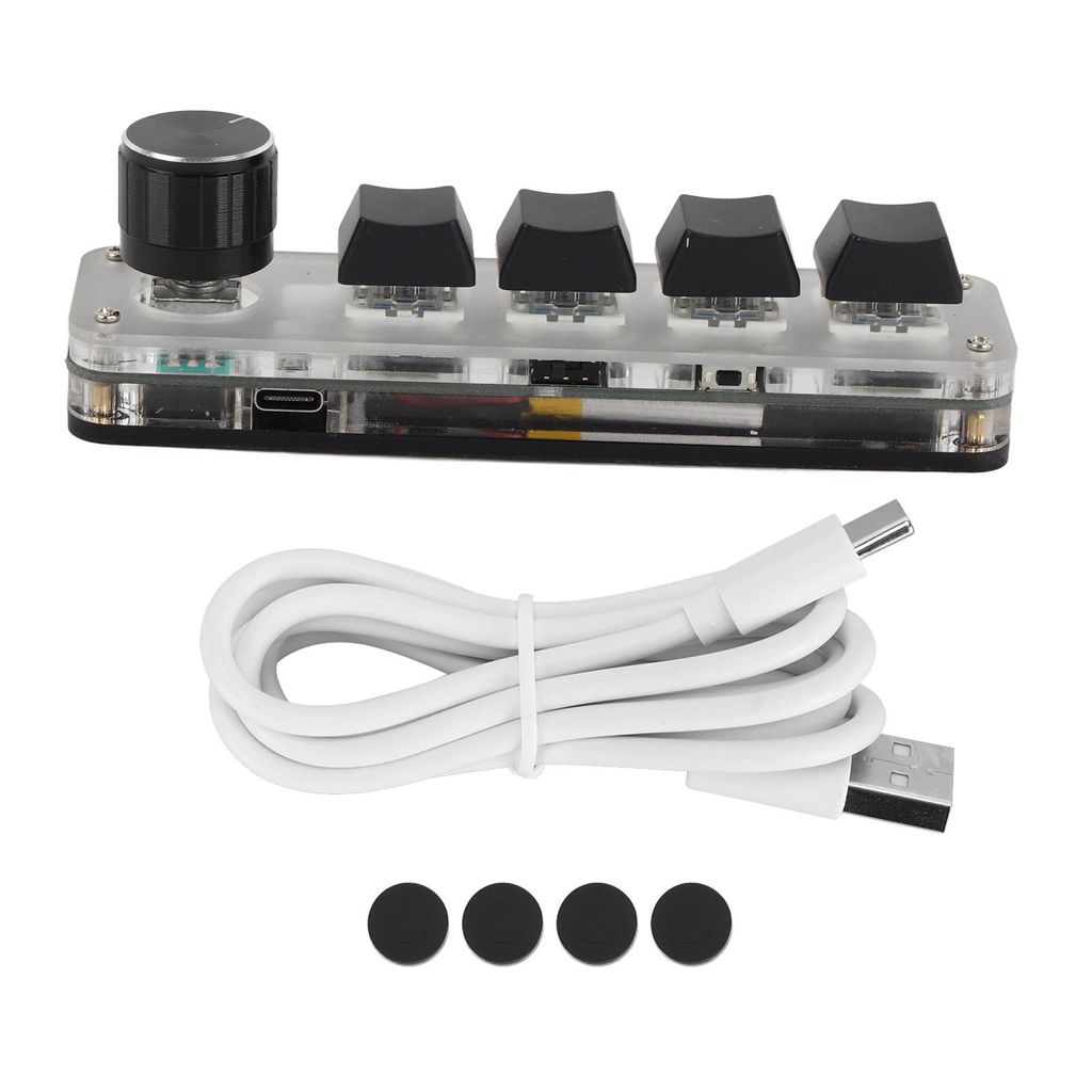 A mini programmable keypad with a rotary encoder and four keys, along with a USB cable and four circular feet, displayed on a white background.
