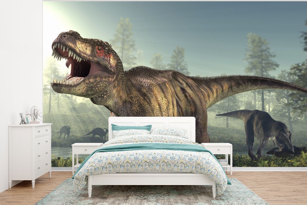 MuchoWow Fototapete für Wohnzimmer oder Schlafzimmer Wandtapete Vinyl Motivtapete Dino - Gras - Zeichnung - Kinder - Jungen - 350x260 cm - Kinde...