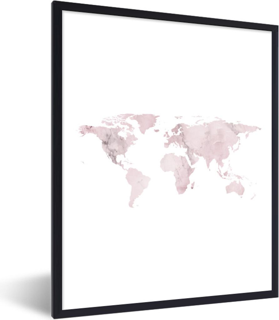 MuchoWow Gerahmtes Poster Weltkarte - Aquarellfarbe - Rosa 60x80 cm - Poster mit Schwarzem Bilderrahmen Wandposter Rahmen Foto Bilder - Premium -...