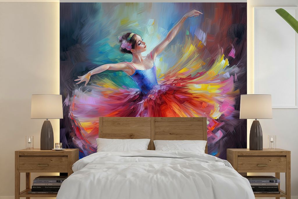 MuchoWow Fototapete für Wohnzimmer oder Schlafzimmer Wandtapete Vinyl Motivtapete Malerei - Ölfarbe - Tanz - Ballerina - 280x280 cm - Hintergru...