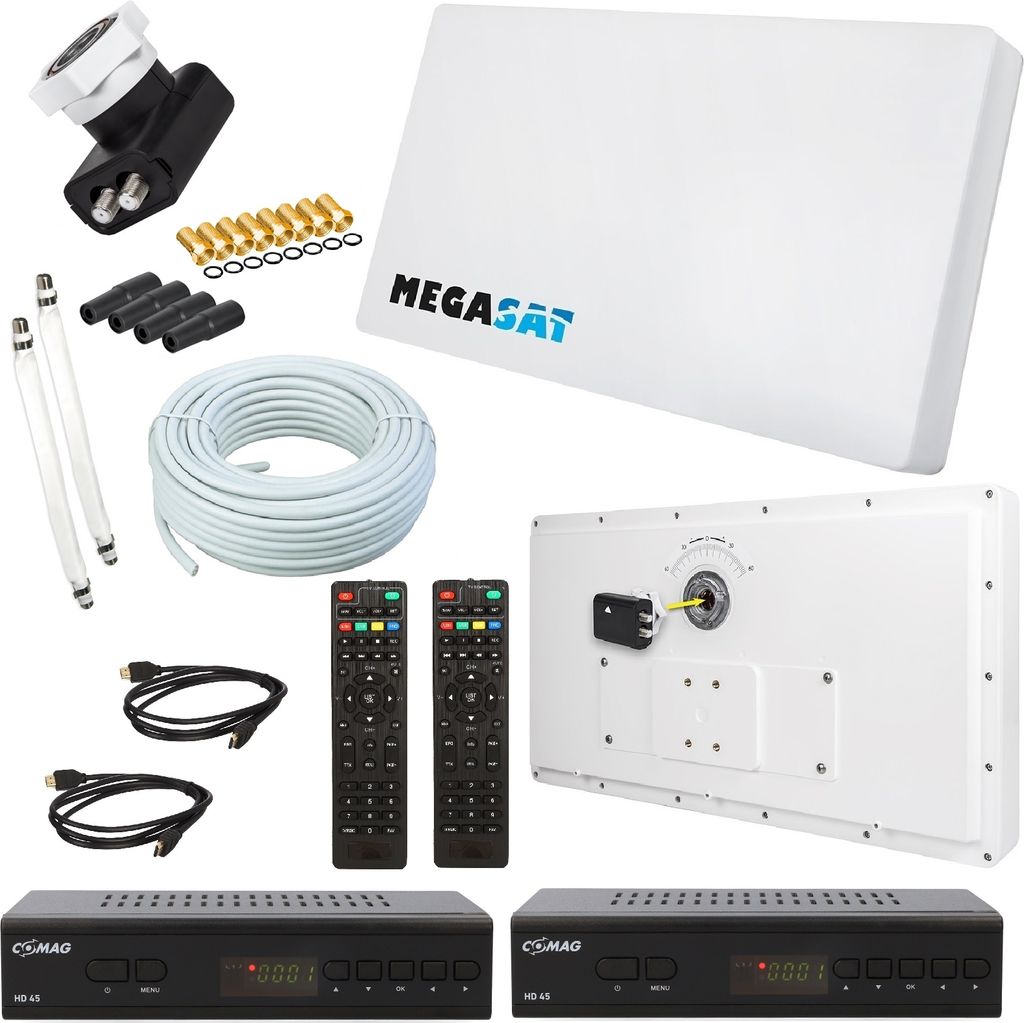 Megasat Flachantenne PROFI Line H30 D2 Twin und 2 HD Receiver inkl. Fensterhalterung + 20m Kabel + 2x Fensterdurchführung. Neueste Generation mit ...
