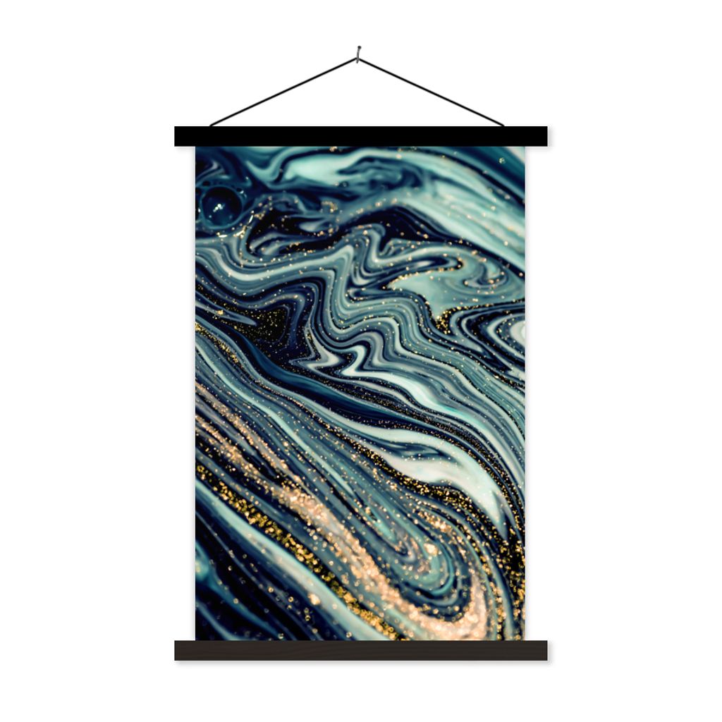 MuchoWow Textilposter Marmor - Gold - Blau - Glitter - Marmoroptik - Abstrakt 40x60 cm mit schwarzem Rahmen - Wanddekorationen