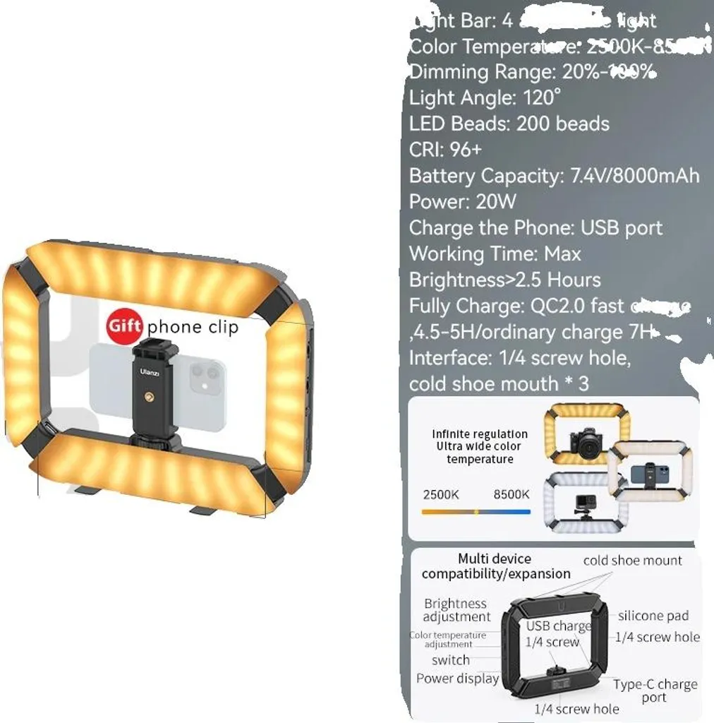 Lumière U200 Ring Light Vidéo avec éclairage réglable et IRC élevé
