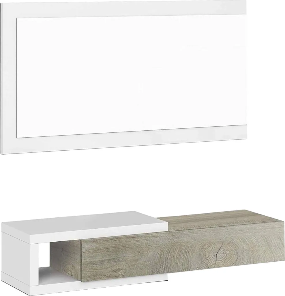 Meuble d'entrée Arty 95x26x19 cm Blanc avec Miroir Mural au Style Épuré