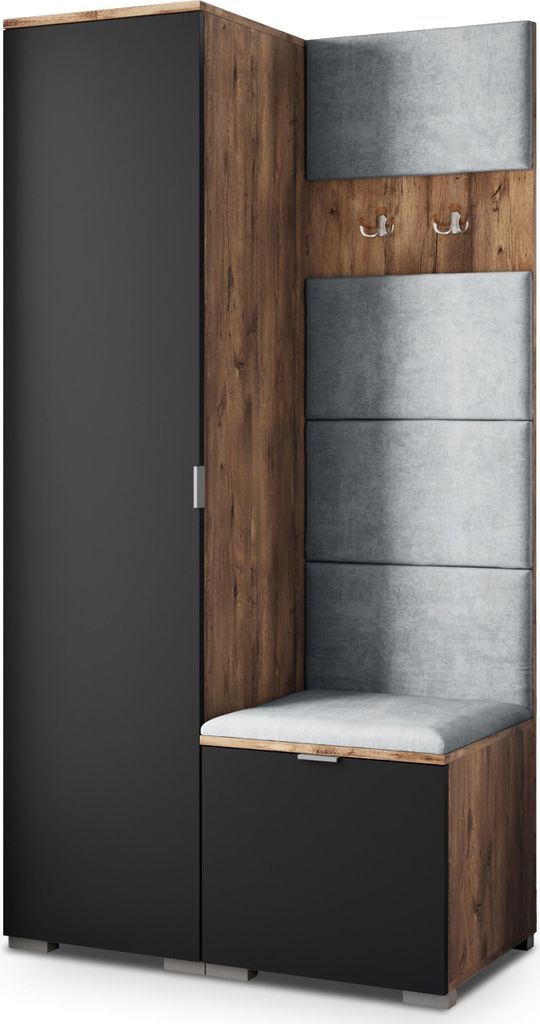 Masseno Garderobe-Set LORI 95/181/51 cm Modern Garderobenschrank Eiche Lefkas, Veloursstoff MONOLITH 84 (Hellgrau)