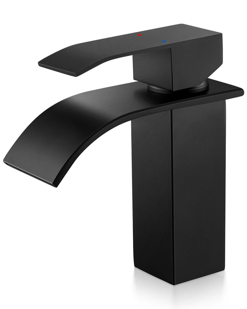 ANYCEE MAX Wasserfall Wasserhahn ,mit Auslauf Höhe 8,5cm, Edelstahl Waschtischarmatur Schwarz, Mischbatterie Bad Wasserfall ,mit Warm und Kalt Wasser