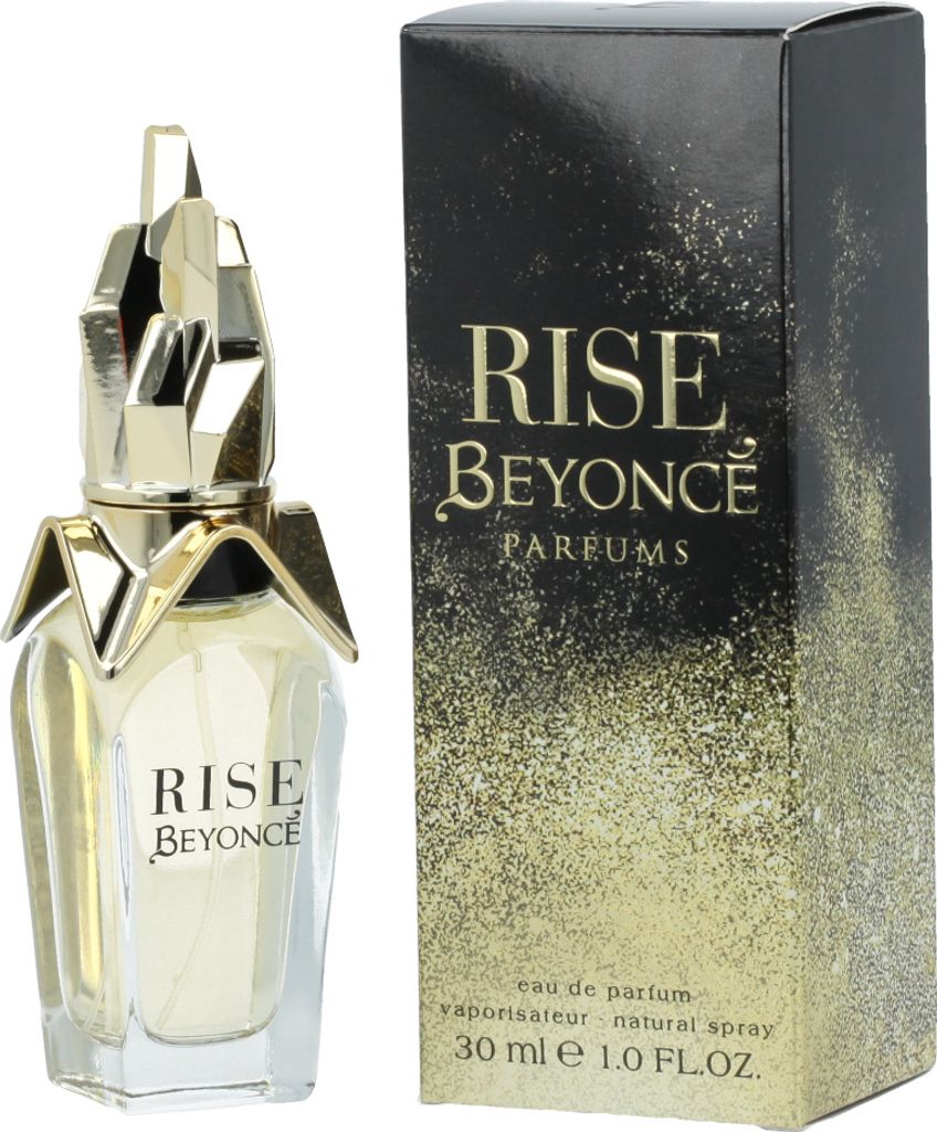 A perfume bottle and its packaging are displayed side-by-side against a white background.
