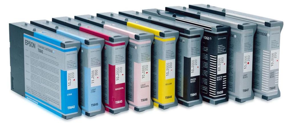 A row of ink cartridges for an Epson printer.