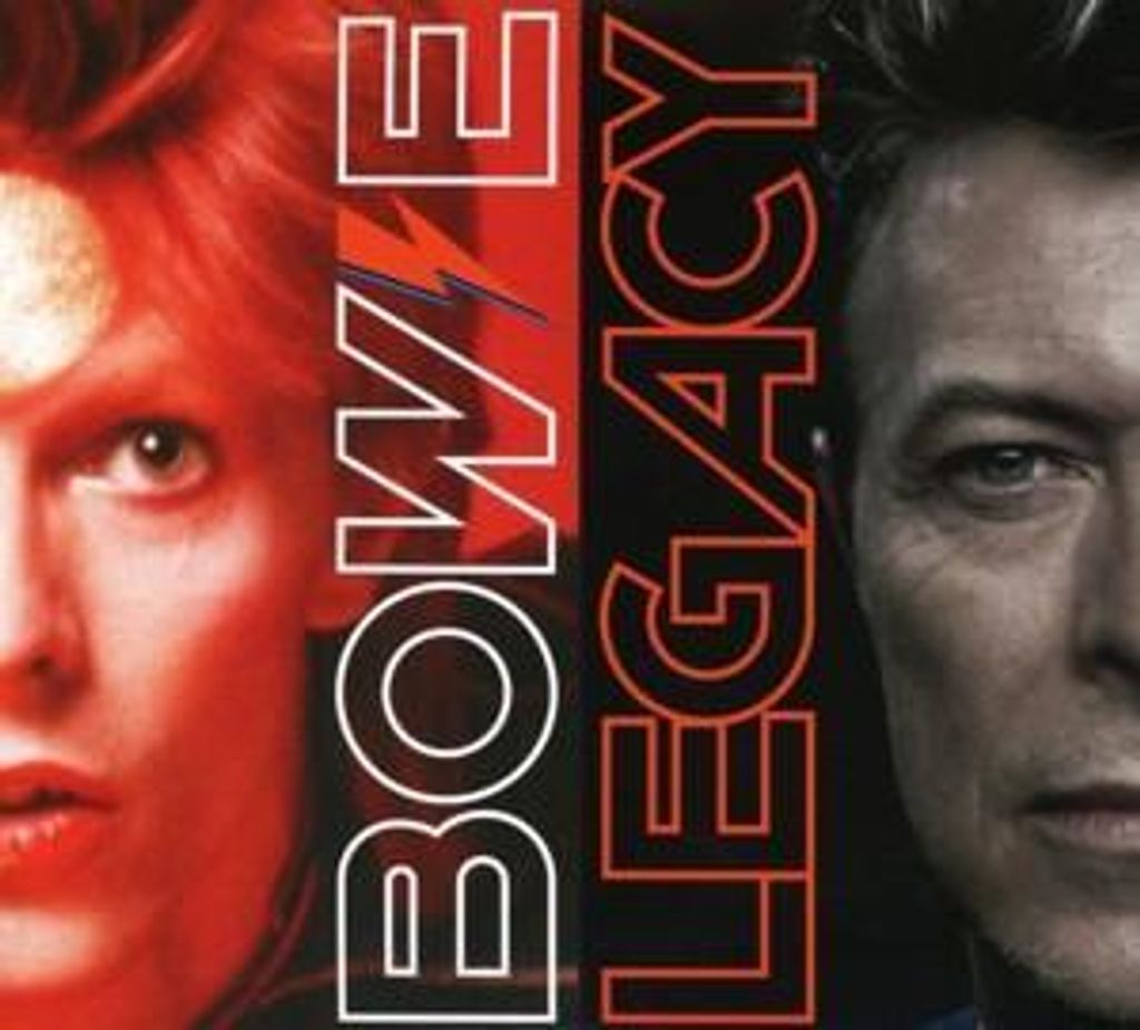 A split image showing two halves of David Bowie's face, with text overlayed.
