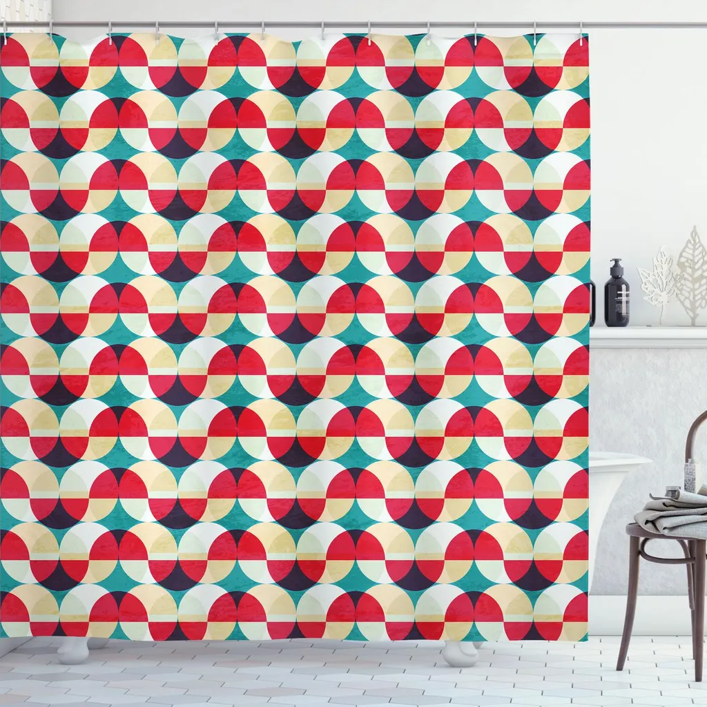 ABAKUHAUS Tenda da doccia vintage, stile anni '70 Design geometrico con cerchi e motivi rotondi Illustrazione, 175 x 220 cm, verde salmone