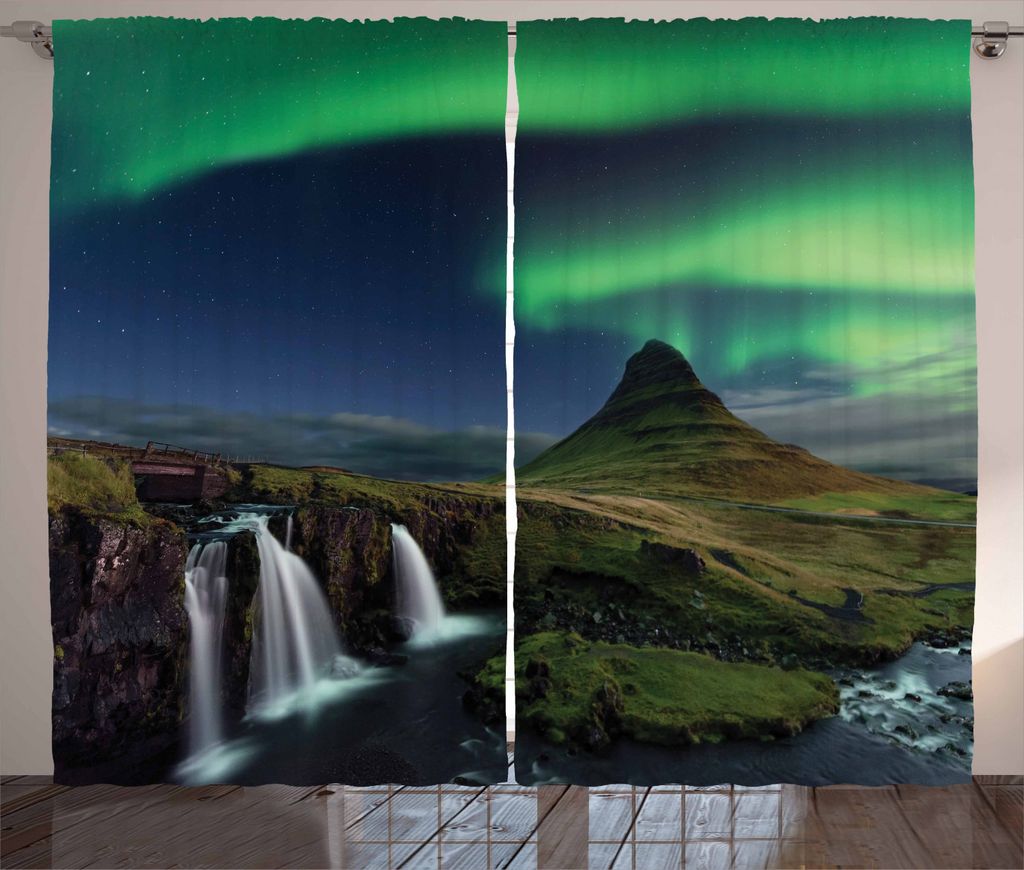 ABAKUHAUS Nordlicht Rustikaler Gardine, Wasserfall Nacht, Schlafzimmer Kräuselband Vorhang mit Schlaufen und Haken, 280 x 225 cm, Mehrfarbig