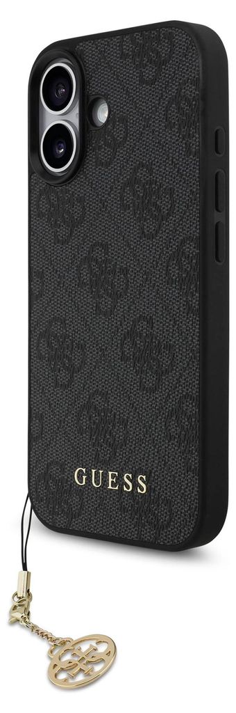 A black GUESS phone case with a repeating logo pattern and a gold charm.