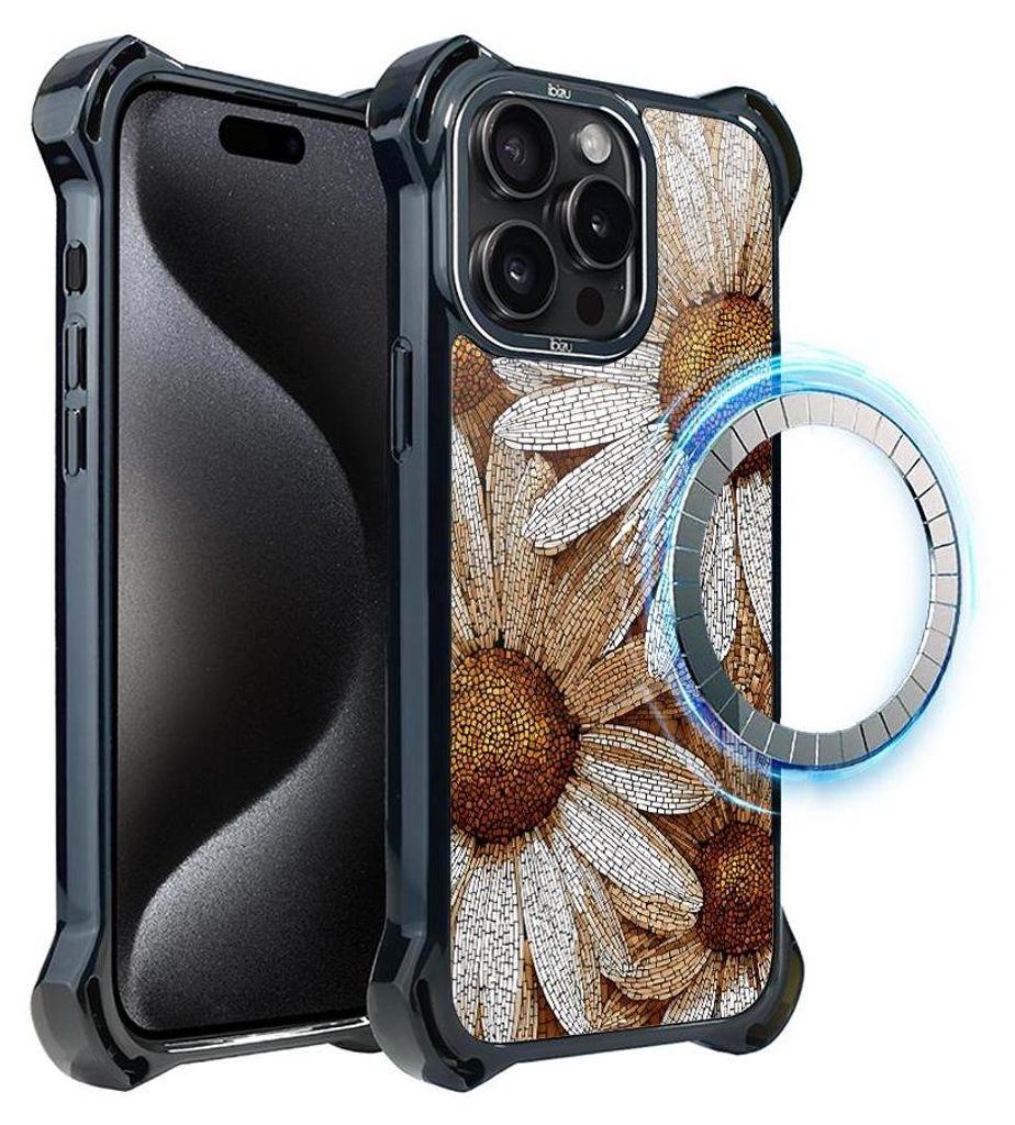 Schutzhülle für das iPhone 15 Pro, MagSafe-kompatibel, verstärkte Ecken, schwarz, Mosaik, Kamille