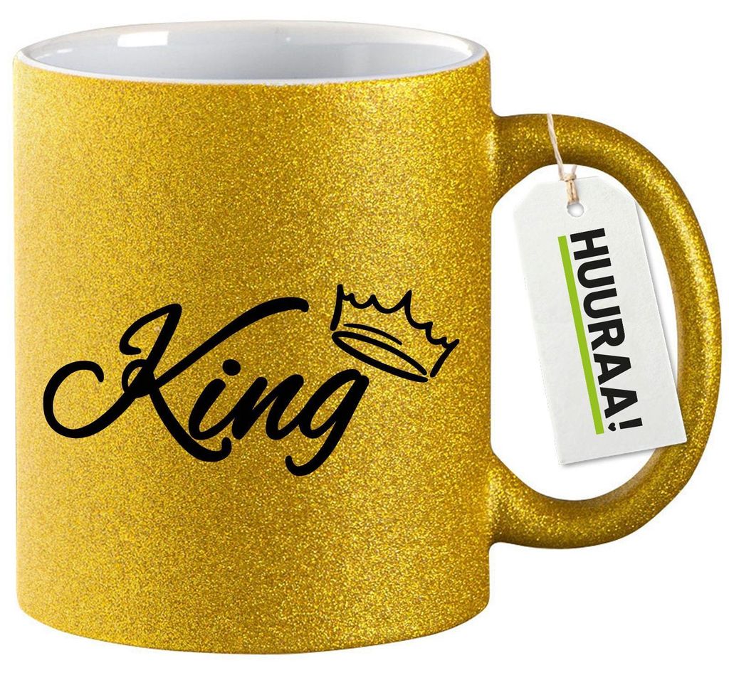 Huuraa Glitzertasse King Krone 330ml Gold Keramik Kaffeebecher Geschenkidee