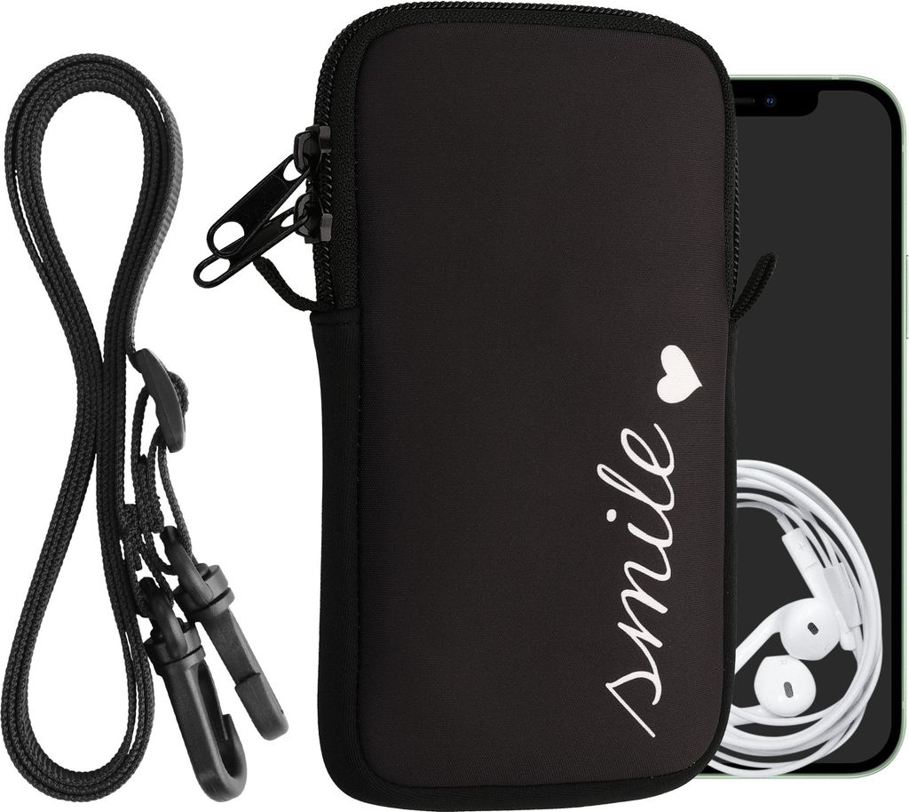 kwmobile Handytasche für Smartphones L - 6,5" - Neopren Handy Hülle Weiß Schwarz - Handy Tasche mit Kette 16,5 x 8,9 cm Innenmaße - Smile Herz