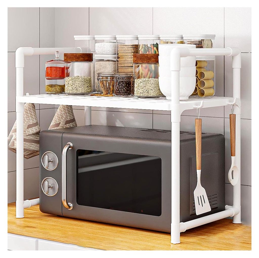 Mikrowellenregal mit Haken, erweitertes Gewürzregal, doppellagig, Halter für Brotmaschinen für Zuhause, Speisekammer, Wohnheim, für den täglic...