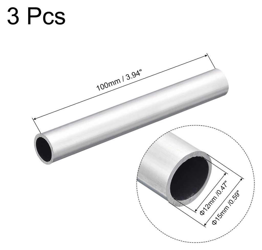 3 Stš¹ck 6063 Aluminium Rundrohr 12mm Innendurchmesser Alurohr 15mm Au?endurchmesser Aluprofil Metallrohr 100mm L?nge Aluminium Rohr fš¹r Indus...