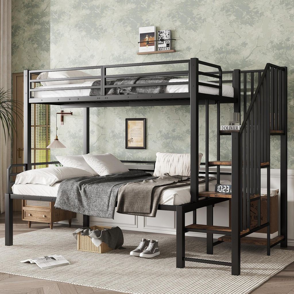 Etagenbett 90x200cm & 120x200cm – robustes Etagenbett aus Eisen, Eckleiterschrank mit Stauraum, für Kinder & Jugendliche, Schwarz+Vintage-Holzfarbe