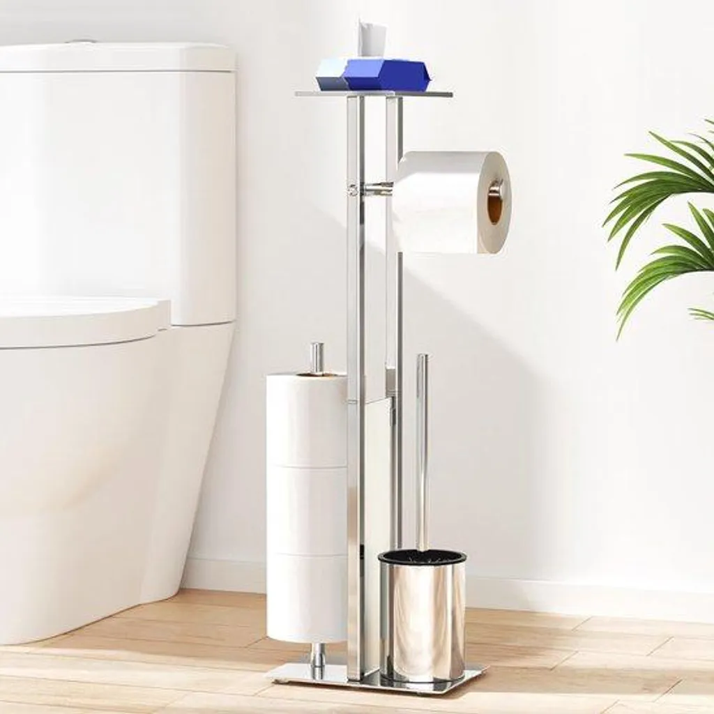 Set d'accessoires WC en inox avec trousse de toilette et brosse grise
