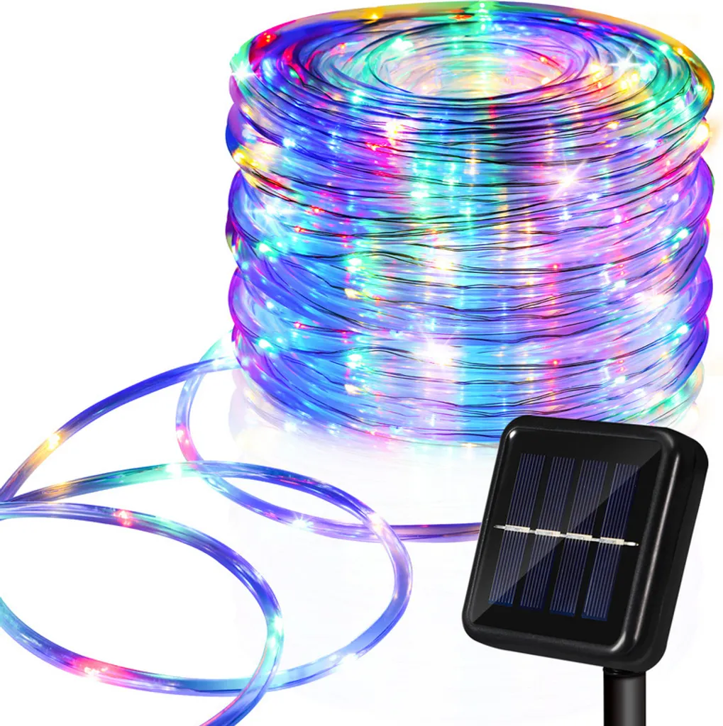Fiqops LED luce di corda solare luci di fata all'aperto, con timer e 8 modalità, luce di corda solare all'aperto, luci di fata solare balcone, colorati, 12 metri, 100 LED