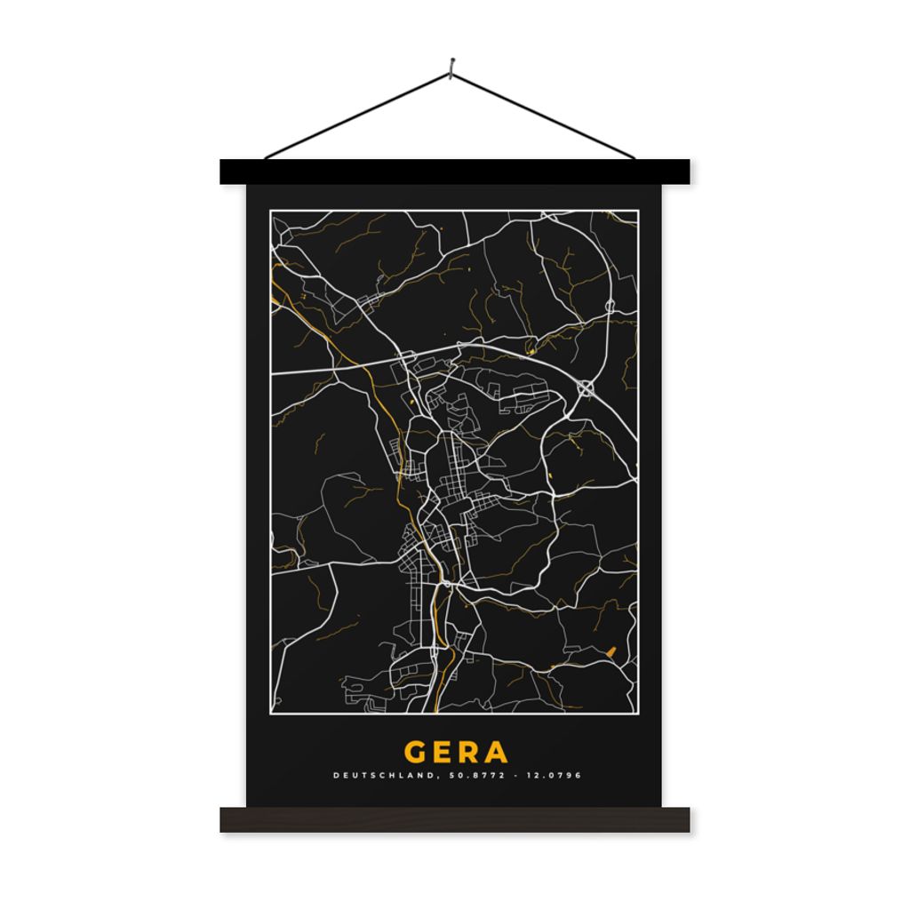 MuchoWow Textilposter Gera - Gold - Stadtplan - Karte - Deutschland 60x90 cm mit schwarzem Rahmen - Poster Wohnzimmer